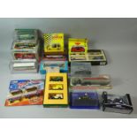 A Box of Diecast Toys to Include Burago Mercedes, Corgi Buses and Coaches, Three Van Set, James Bond