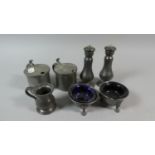 A Collection of Pewter to Include Small Measure, Two Mustard Pots, Two Peppers and Two Salts