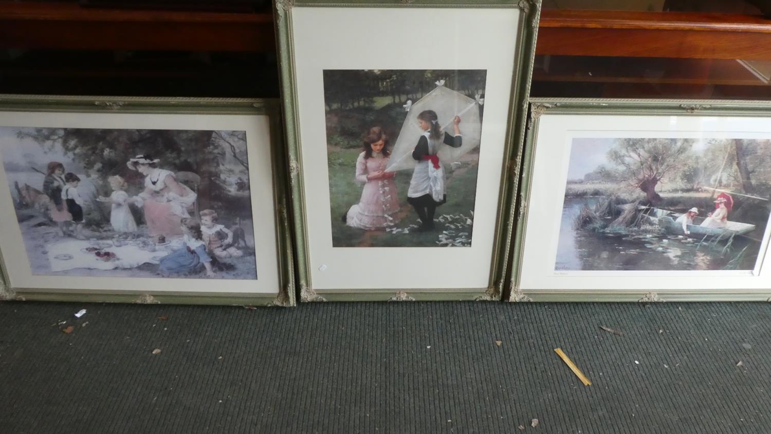 A Set of Three Framed Victorian Style Prints in Crackle Glazed Frames