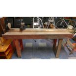 A Vintage Wooden Workshop Bench with Vice and Grindstone, 182cm Wide