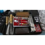 A Tray of Sundries to Include Woodturning Chisels, Cased Telescope, Dominoes, Camera, Wooden Box,