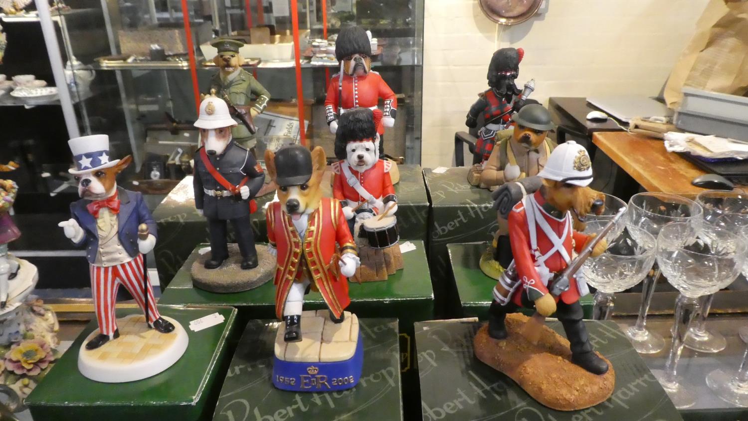 A Collection of Nine Boxed Robert Harrop Doggie People Figures to Include Bulldog Guardsman, WWI