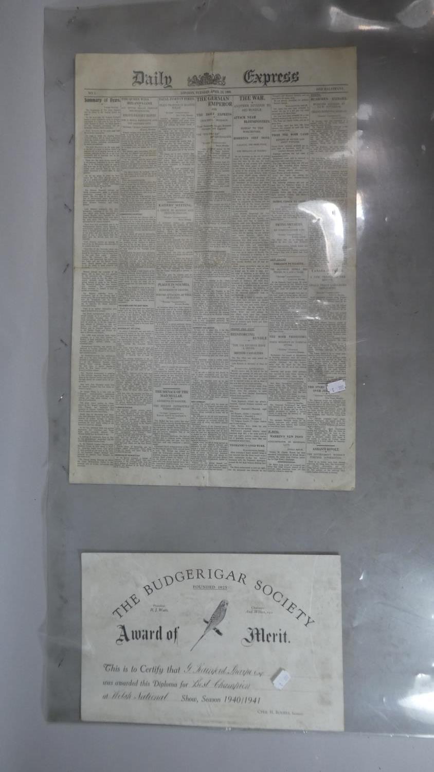 A Copy of Daily Express April 1900 and a 1940/41 Budgerigar Award of Merit