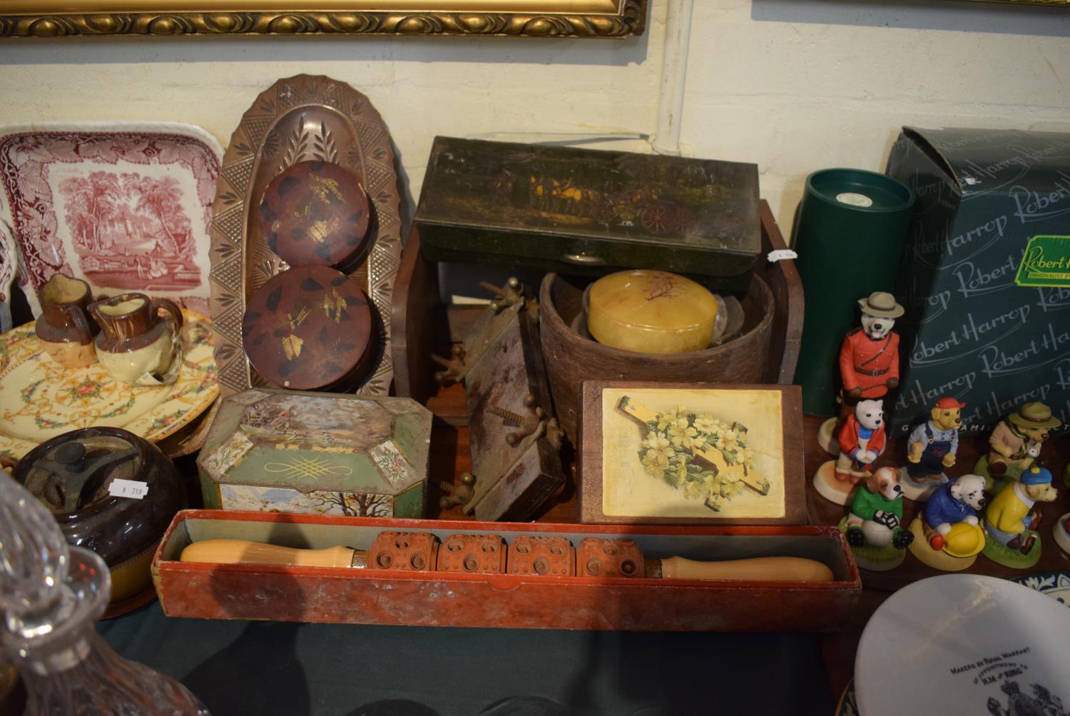 A Tray of Sundries to Include Textured Punkt Rolling Pin, Vintage Tins, Lacquered Boxes Etc