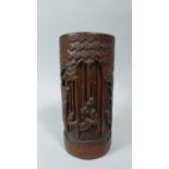 A Chinese Bamboo Brush Pot Carved in the Round with Scholars Amongst Trees, 22.5cm High