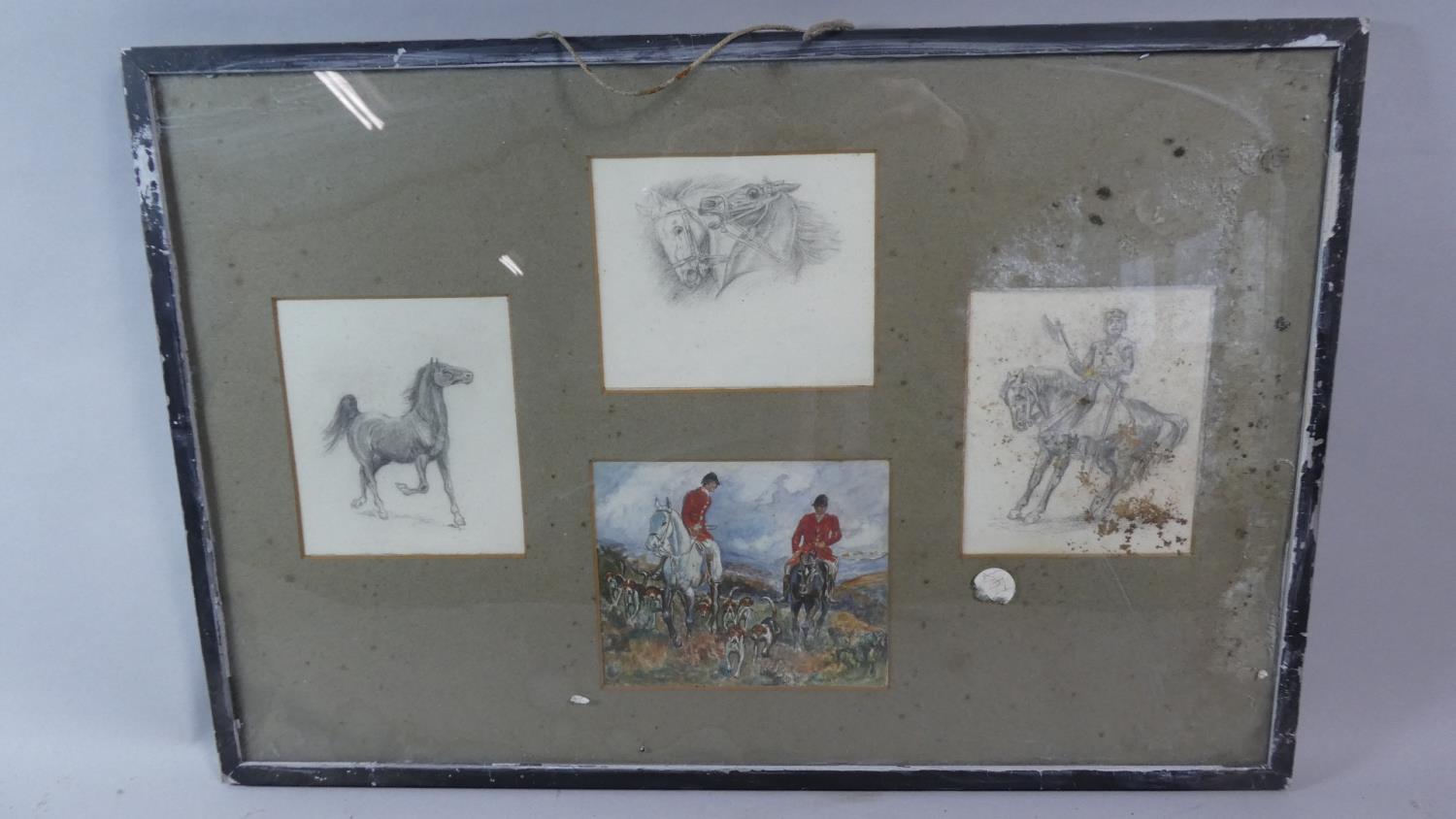 A Framed Sporting Water Colour and Three Pencil Drawings of Horses