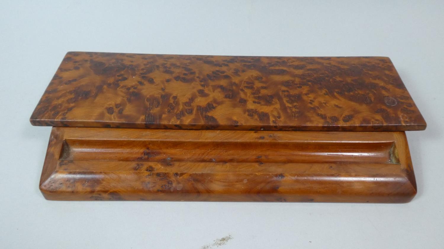 A Far Eastern Burr Wood Desk Top Pen Box, 27.5cm Wide