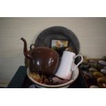 A Tray of Metalwares to Include Large Enamelled Teapot, Enamelled Washbowl, Jug etc