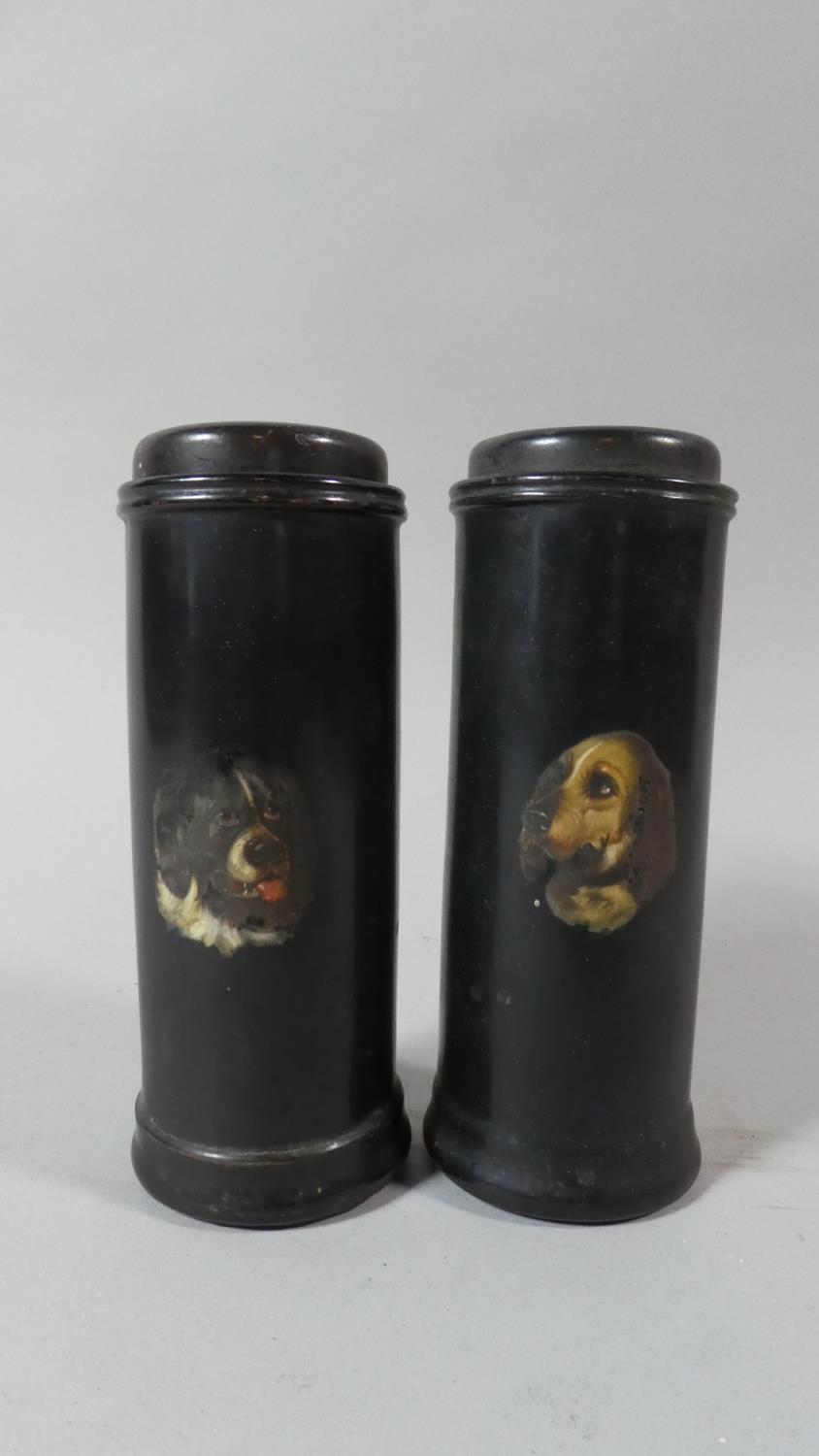 Two Victorian Jennings & Bettridge Papier-mâché Cylindrical Filled Canisters, with Hand Painted
