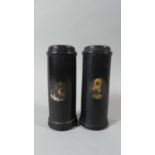 Two Victorian Jennings & Bettridge Papier-mâché Cylindrical Filled Canisters, with Hand Painted