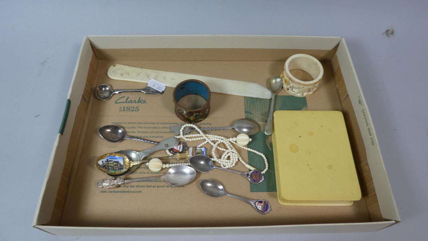 A Collection of Souvenir Spoons, Enamelled Napkin Ring, Costume Jewellery Etc