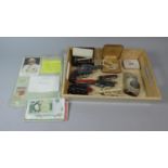 A Tray of Sundries to Include Resin Scrimshaw, Collection of Banknotes Including One Pound, Ten