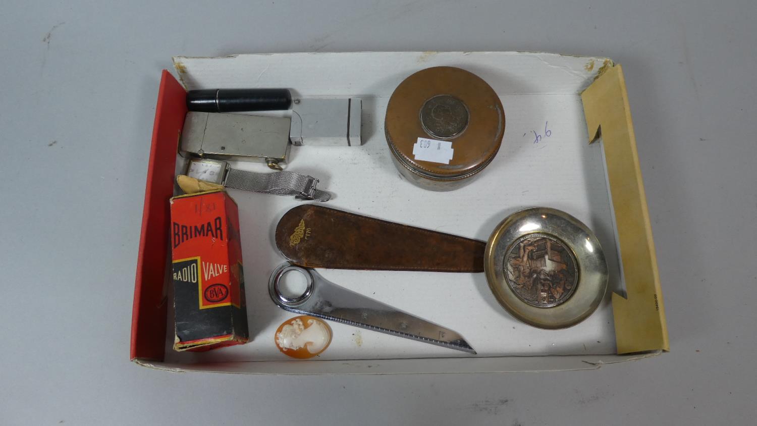 A Tray of Curios to Include Cigarette Lighters, Wrist Watch, Letter Opener/Ruler, Coin Lidded Dish