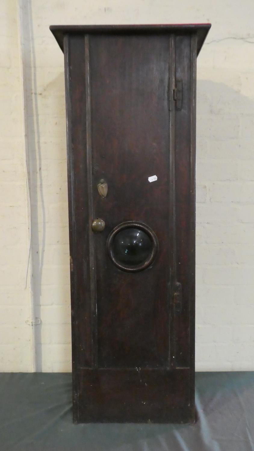 A 19th Century Oak Side Cabinet with Panelled Door Having Bulls Eye Glass to Shelved Interior, Brass