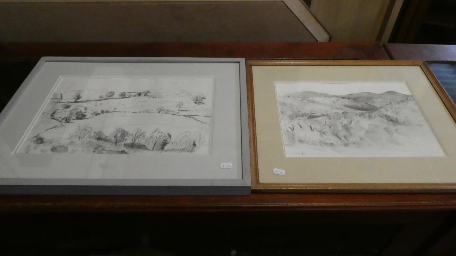Two Framed Pencil Drawings by Sarah John Depicting Rural Landscapes