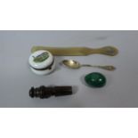 A Small Collection of Curios to Include Whistle, Malachite Egg, Horn Page Turner with Silver