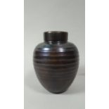 A Vintage Hand Beaten and Bronzed Oriental Metal Tea Caddy with Seal Mark to Base of Ribbed Vase