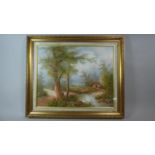 A Gilt Framed Oil on Canvas Depicting Woodland Pond, 49cm Wide