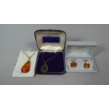 A Collection of Amber Mounted Jewellery to Include Silver and Marcasite Necklace, 9ct Gold Pendant