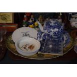 A Blue and White Meat Plate, Oriental Blue and White Teapot, Spode Sandwich Plate, Baby's Plate etc