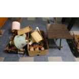 Two Boxes of Sundries to Include Table Lamps, Oil Lamps, Angle Poise Lamp, Spray Gun etc