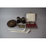 A Tray of Curios to Include Binoculars, Tape Measure, Clay Pipes, Silver Plated Notepad and