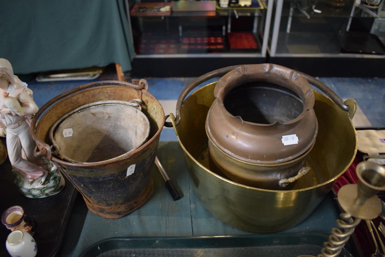 A Brass Jam Kettle, Copper Vase and Planter Together with Two Small Vintage Buckets