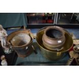 A Brass Jam Kettle, Copper Vase and Planter Together with Two Small Vintage Buckets