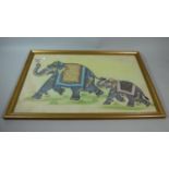 A Gilt Framed Indian Painting on Silk Depicting Decorated Elephant and Calf in Procession, 63cm Wide