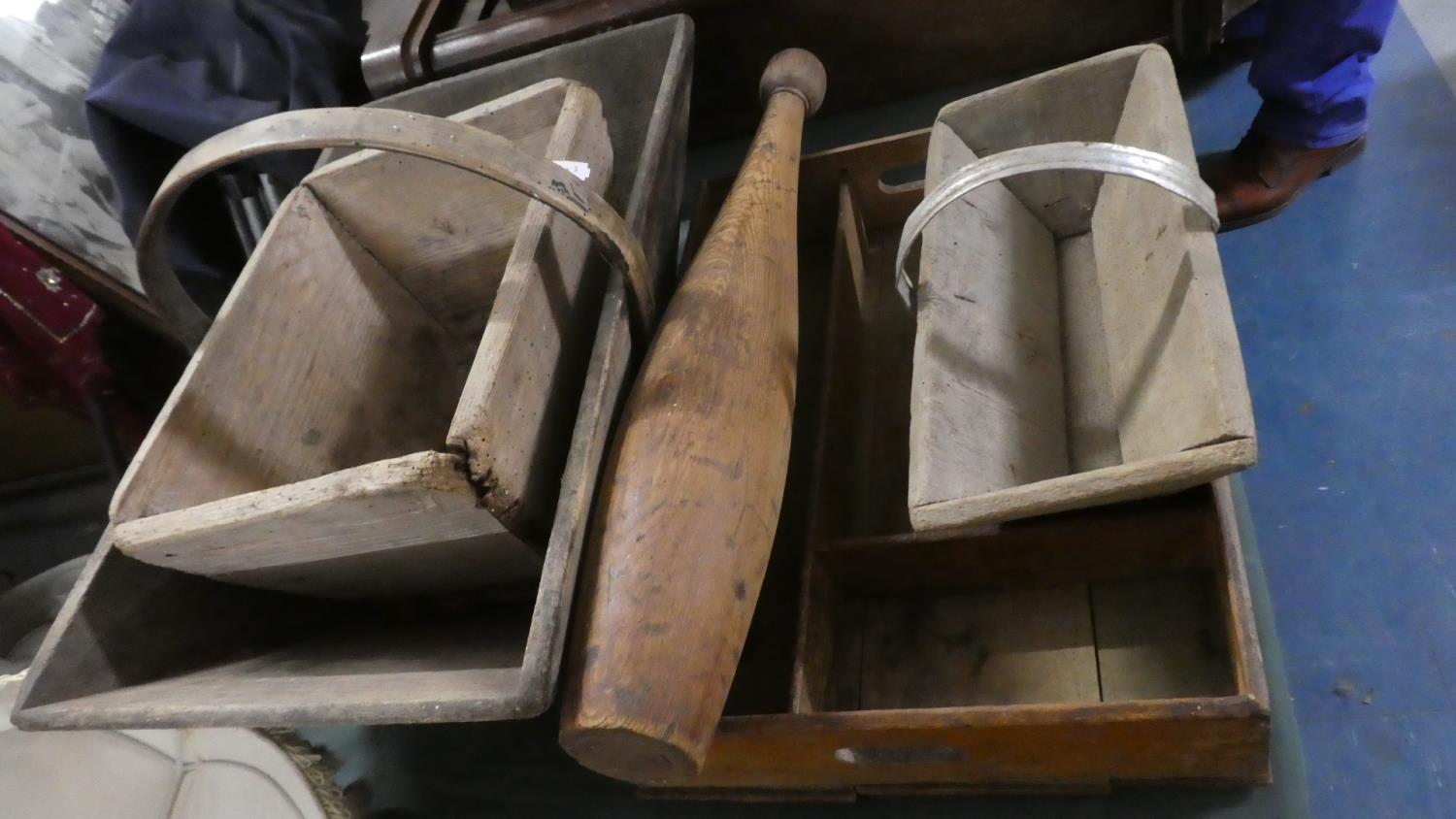 A Collection of Vintage Wooden Items to Include Flower Trugs, Knife Box, Exercise Club etc