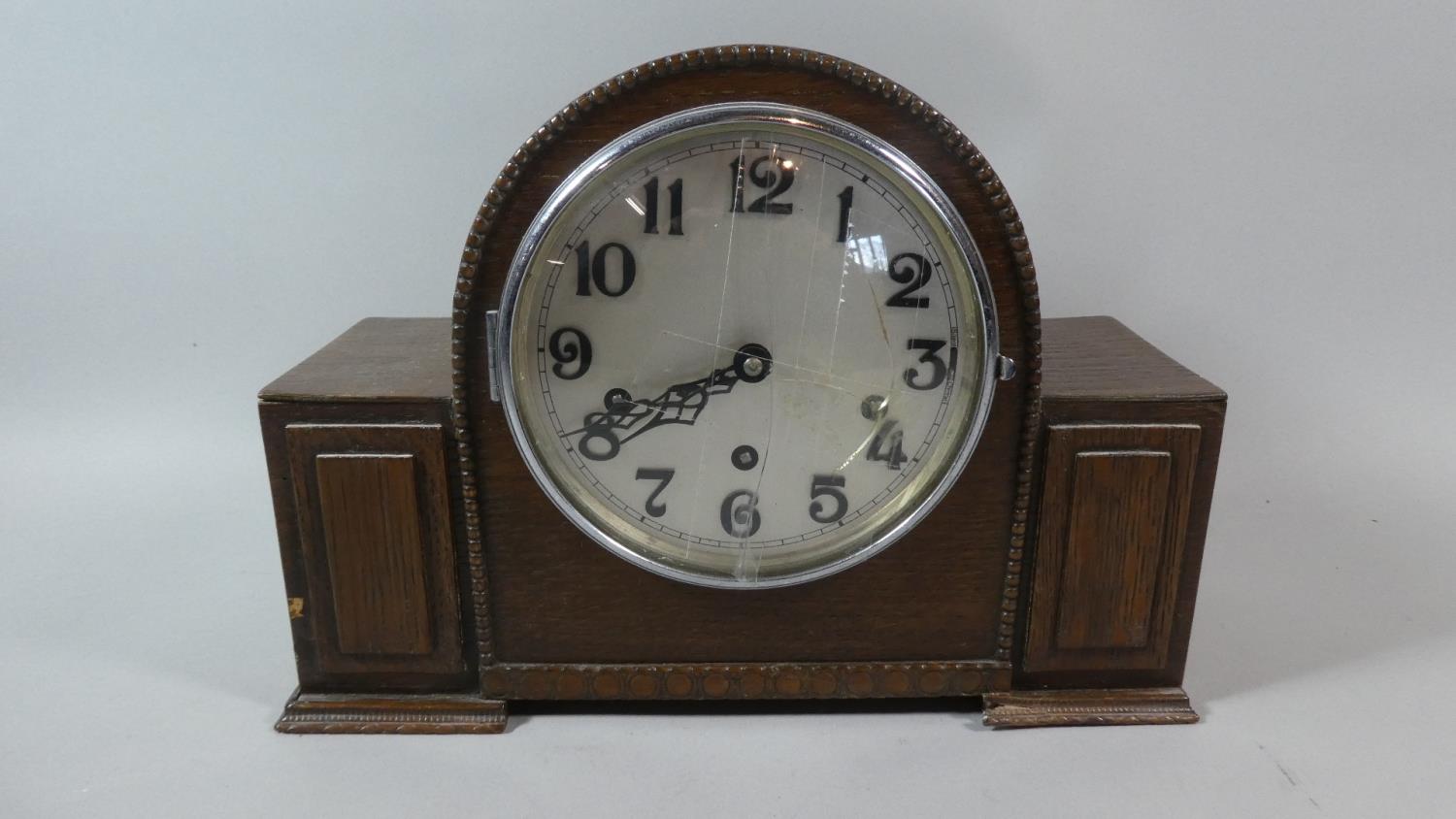 An Art Deco Oak Westminster Chime Mantle Clock, Glass Dial Cracked, 33cm Wide