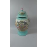 A 20th Century Oriental Glazed Stoneware Lidded Vase Decorated in Relief with Immortals and