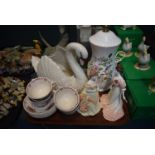 A Tray of Ceramics to Include Aynsley Table Lamp, Two Figural Ornaments, Devon Swan and Six Masons