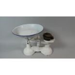 A Set of Vintage White Painted Kitchen Scales with Weights and Enamelled Pan
