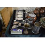 A Tray Containing Pewter Tankard, Wooden Biscuit Barrel, Cutlery etc