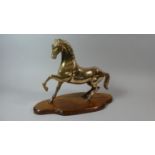 A Brass Study of a Prancing Horse on Wooden Plinth, 31cm High