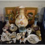 A Tray of Ceramics to Include Crested Ware, Blush Ivory Vase, Candle Sticks etc