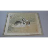 A Framed Chinese Painting on Silk Depicting Two Long Eared Rabbits, Signed Top Left and Bottom