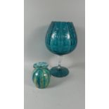 A Large Coloured Glass Brandy Balloon Vase and a Decorated Glass Vase