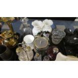 A Tray of Glassware to Include Four Bottled Cruet, Biscuit Barrel, Inkwell Ice Bucket etc