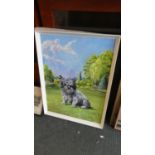 A Framed Oil on Board Depicting Terrier in Garden Together with a Rustic Conversation Print