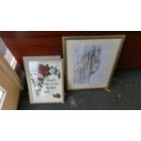 A Pair of Floral Religious Prints and a Kevin Sparrow Print