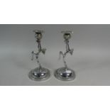 A Pair of Art Deco Chromed Figural Candle Sticks the Supports in the Form of Nude Girls, Each 21.5cm