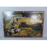 A Large Chinoiserie Lacquered Picture Depicting Bridge Over Harbour with Figures, 91cm Wide