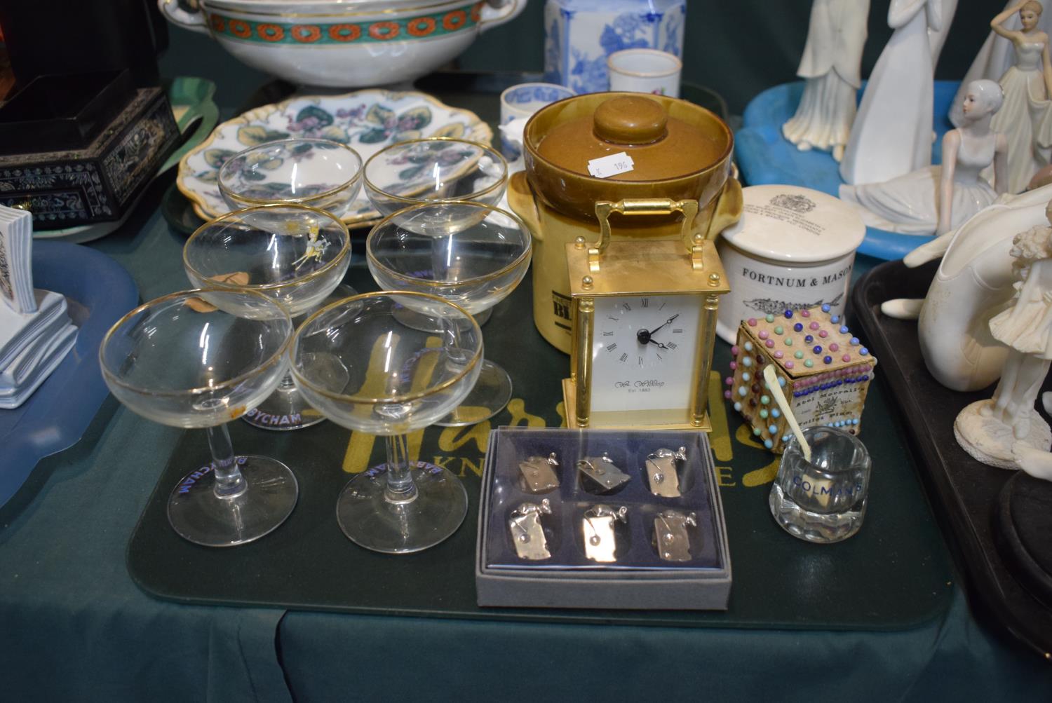 A Harrods Table Mat Containing Six Babycham Glasses, Set of Six Mouse and Cheese Place Name Holders,