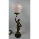 A French Bronze Effect Figural Table Lamp with Opaque Glass Shade in the Form of Maiden with