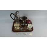 A Tray of Curios to Include Silver Plated Hot Water Jug, Silver Plated Loving Mug, Cigarette Card