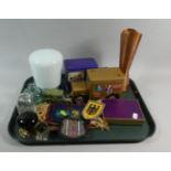 A Tray of Sundries to Include Vintage Tins, Playing Cards, Inkwells, Diecast Land Rover etc