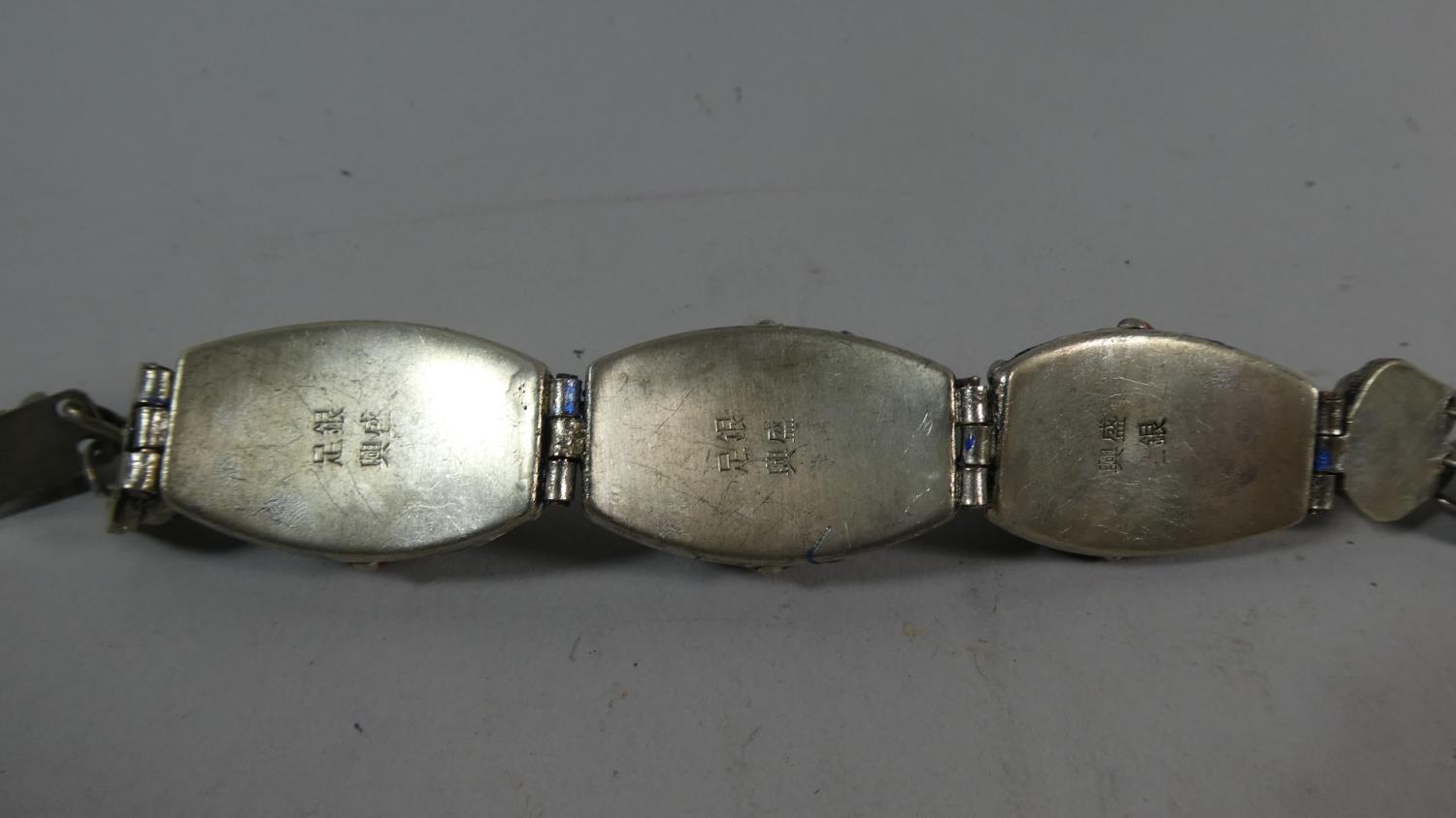 A Chinese White Metal Sectional Bracelet Having Filigree Enamel Work Mounts and Cabochon Purple - Image 2 of 2