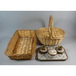 A Wicker Sewing Basket, Wicker Tray and a Part Gilt Decorated Dressing Table Set